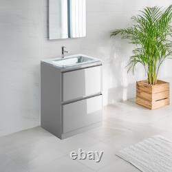 600mm Grey Gloss Vanity Unit Floor Standing Unit Glass Basin Sink 2 Drawer