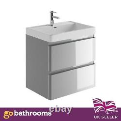 600mm Grey Wall Hung Basin Vanity Unit 2 Drawer Bathroom Storage Cabinet Gloss