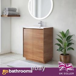 600mm Vanity Unit Sink Floor Standing Natural Oak Effect Storage & White Basin