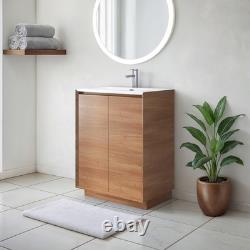 600mm Vanity Unit Sink Floor Standing Natural Oak Effect Storage & White Basin