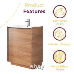 600mm Vanity Unit Sink Floor Standing Natural Oak Effect Storage & White Basin