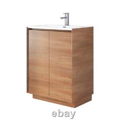 600mm Vanity Unit Sink Floor Standing Natural Oak Effect Storage & White Basin