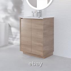 600mm Vanity Unit Sink Floor Standing Natural Oak Effect Storage & White Basin