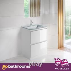 600mm Vanity Unit White Gloss Floor Standing Unit Glass Basin Sink 2 Drawer