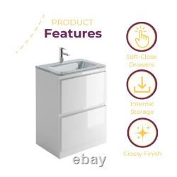 600mm Vanity Unit White Gloss Floor Standing Unit Glass Basin Sink 2 Drawer