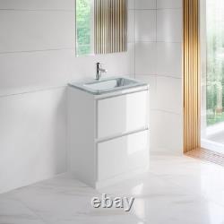 600mm Vanity Unit White Gloss Floor Standing Unit Glass Basin Sink 2 Drawer