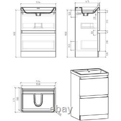 600mm Vanity Unit White Gloss Floor Standing Unit Glass Basin Sink 2 Drawer