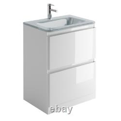 600mm Vanity Unit White Gloss Floor Standing Unit Glass Basin Sink 2 Drawer