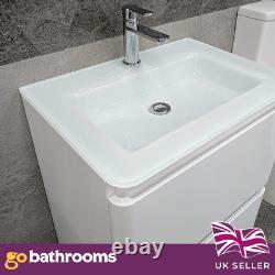 600mm Vanity Unit White Gloss Floor Standing Unit Glass Basin Sink 2 Drawer