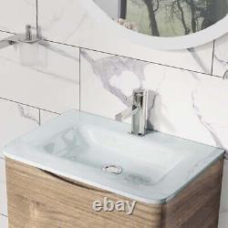 600mm Wall Vanity Unit With Storage & White Glass Wash Basin Eaton Light Ash