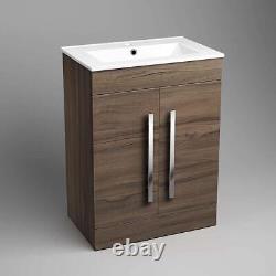 600mm Walnut Vanity Sink Unit Ceramic Basin Bathroom Storage Furniture