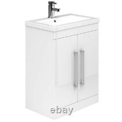 600mm White Gloss Newton Vanity Unit Ceramic Sink Bathroom Floor Stand Furniture