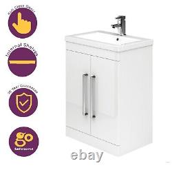 600mm White Gloss Newton Vanity Unit Ceramic Sink Bathroom Floor Stand Furniture