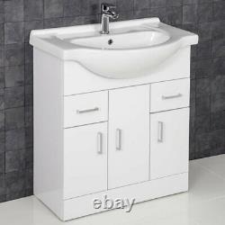 750mm Bathroom Vanity Unit & Basin Sink Tap + Waste Gloss White Floorstanding