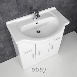 750mm Bathroom Vanity Unit & Basin Sink Tap + Waste Gloss White Floorstanding