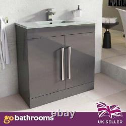 800mm Anthracite Newton Vanity Unit Glass Sink Bathroom Floor Stand Furniture