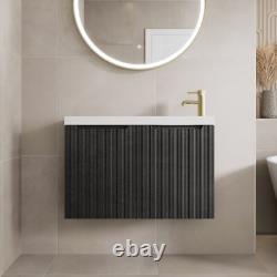 800mm Bathroom Cloakroom Vanity Unit Basin Sink Wall Hung Storage Fluted Black