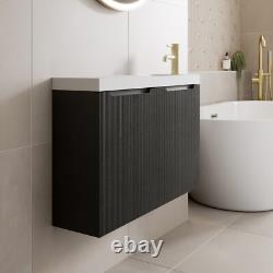800mm Bathroom Cloakroom Vanity Unit Basin Sink Wall Hung Storage Fluted Black