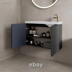 800mm Bathroom Cloakroom Vanity Unit Basin Sink Wall Hung Storage Fluted Black