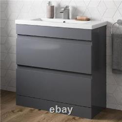 800mm Bathroom Vanity Unit Basin Storage 2 Drawer Cabinet Furniture Grey Gloss