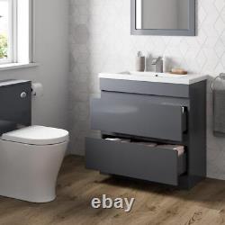 800mm Bathroom Vanity Unit Basin Storage 2 Drawer Cabinet Furniture Grey Gloss