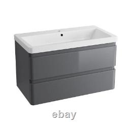 800mm Bathroom Vanity Unit Basin Storage 2 Drawer Wall Hung Cabinet Gloss Grey