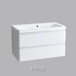 800mm Bathroom Vanity Unit Basin Storage 2 Drawer Wall Hung Cabinet Gloss White