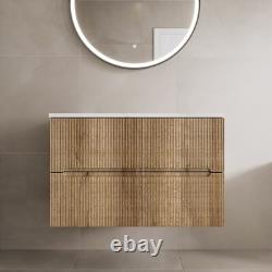 800mm Bathroom Vanity Unit White Marble Countertop Wall Hung Fluted Oak Unit