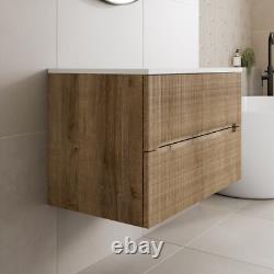 800mm Bathroom Vanity Unit White Marble Countertop Wall Hung Fluted Oak Unit