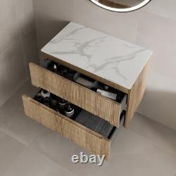 800mm Bathroom Vanity Unit White Marble Countertop Wall Hung Fluted Oak Unit