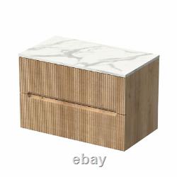 800mm Bathroom Vanity Unit White Marble Countertop Wall Hung Fluted Oak Unit