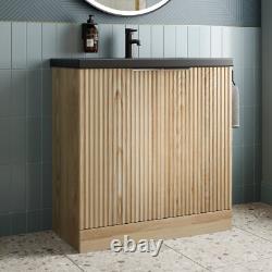 800mm Fluted Wood Floorstanding Vanity Unit Black Ceramic Basin Chrome Handle