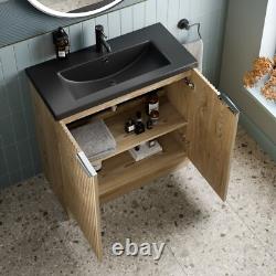 800mm Fluted Wood Floorstanding Vanity Unit Black Ceramic Basin Chrome Handle