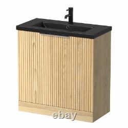 800mm Fluted Wood Floorstanding Vanity Unit Black Ceramic Basin Chrome Handle