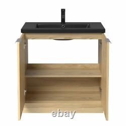 800mm Fluted Wood Floorstanding Vanity Unit Black Ceramic Basin Chrome Handle