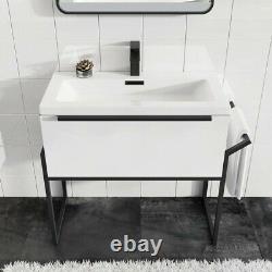 800mm Wall Hung Bathroom Vanity Unit & Basin Gloss White Matt Black Frame