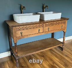 Antique Vintage Solid Oak Bespoke Bathroom Double Sink Basin Vanity Unit