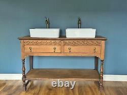 Antique Vintage Solid Oak Bespoke Bathroom Double Sink Basin Vanity Unit