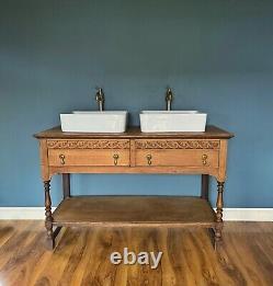 Antique Vintage Solid Oak Bespoke Bathroom Double Sink Basin Vanity Unit