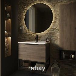 Avenue Accra 600mm LED Wall Hung Vanity Unit Grey Oak And White Basin With Frame
