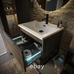 Avenue Accra 600mm LED Wall Hung Vanity Unit Grey Oak And White Basin With Frame