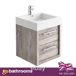 Bare Oak 500 Vanity Unit Bathroom Sink Unit Wall Hung 2 Drawer & Resin Basin
