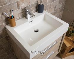 Bare Oak 500 Vanity Unit Bathroom Sink Unit Wall Hung 2 Drawer & Resin Basin