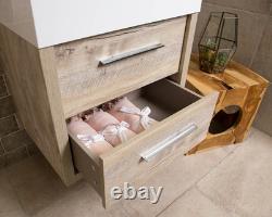 Bare Oak 500 Vanity Unit Bathroom Sink Unit Wall Hung 2 Drawer & Resin Basin
