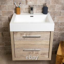 Bare Oak 500 Vanity Unit Bathroom Sink Unit Wall Hung 2 Drawer & Resin Basin