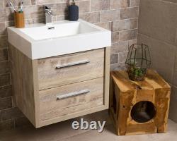 Bare Oak 500 Vanity Unit Bathroom Sink Unit Wall Hung 2 Drawer & Resin Basin