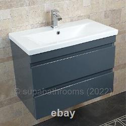 Bathroom 700 MM Vanity Unit & Basin Wall Hung Gloss Grey 2 Drawer Devlyne