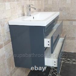 Bathroom 700 MM Vanity Unit & Basin Wall Hung Gloss Grey 2 Drawer Devlyne