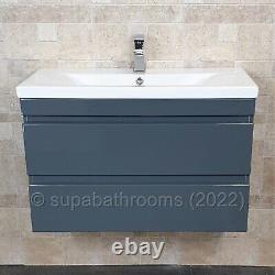 Bathroom 800 MM Vanity Unit & Basin Wall Hung Gloss Grey 2 Drawer Devlyn