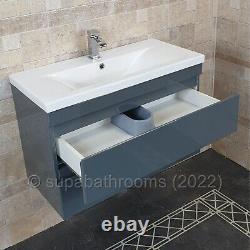 Bathroom 800 MM Vanity Unit & Basin Wall Hung Gloss Grey 2 Drawer Devlyn